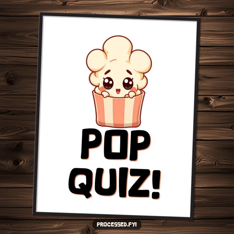 Funny popcorn kernel character popping out of a bag with wide surprised eyes, vibrant and funny wall art for any space.