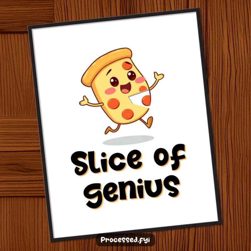 Funny Pizza Poster featuring an excited character with a missing piece, bringing playful energy and pizza humor to any room.