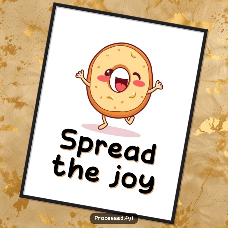 Funny poster featuring an energetic bagel with cream cheese, enthusiastically tapping its feet, charming wall decor
