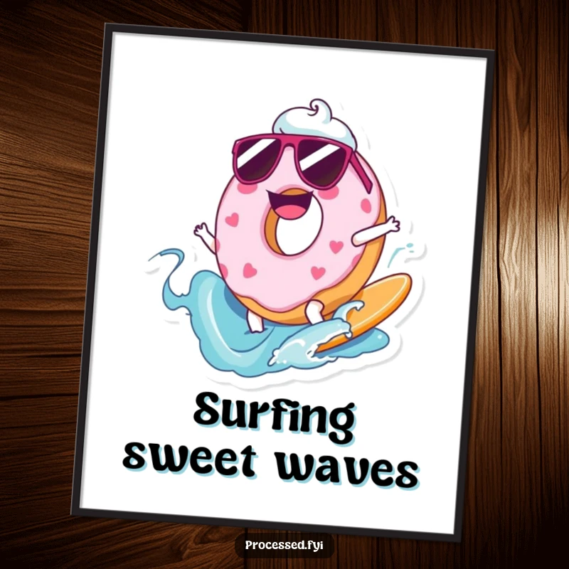 Funny poster print of a joyful cartoon donut wearing sunglasses, surfing a big wave of frosting.