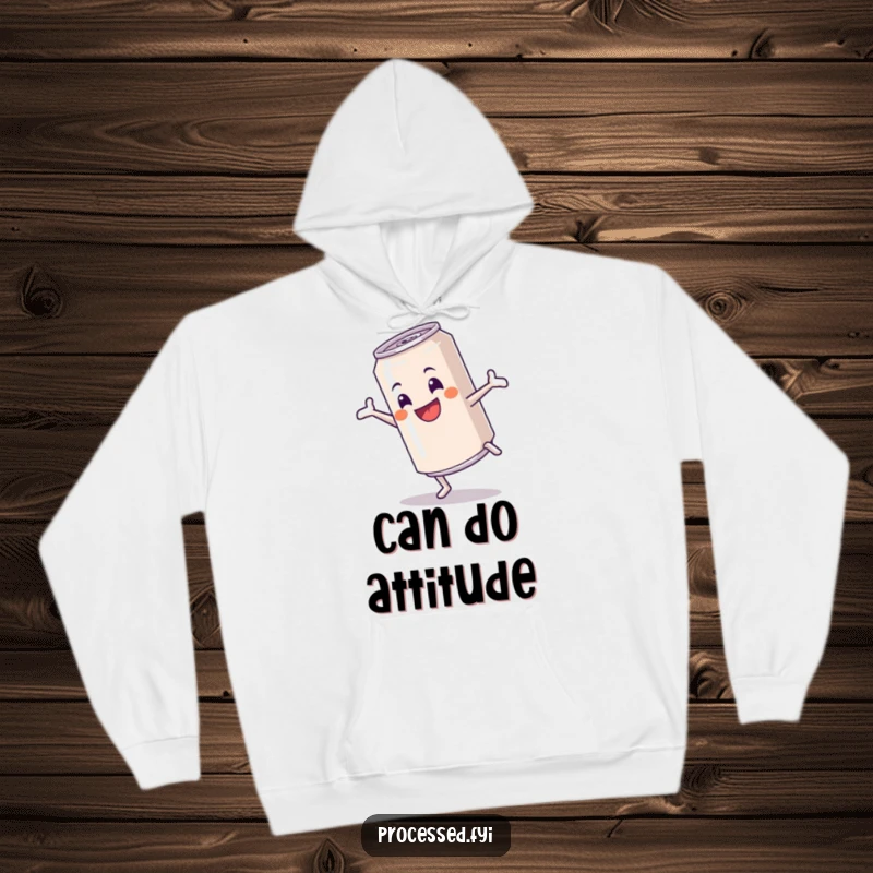 Funny hoodie with a cheerful anthropomorphic soda can performing a cartwheel, embodying boundless energy and fun.