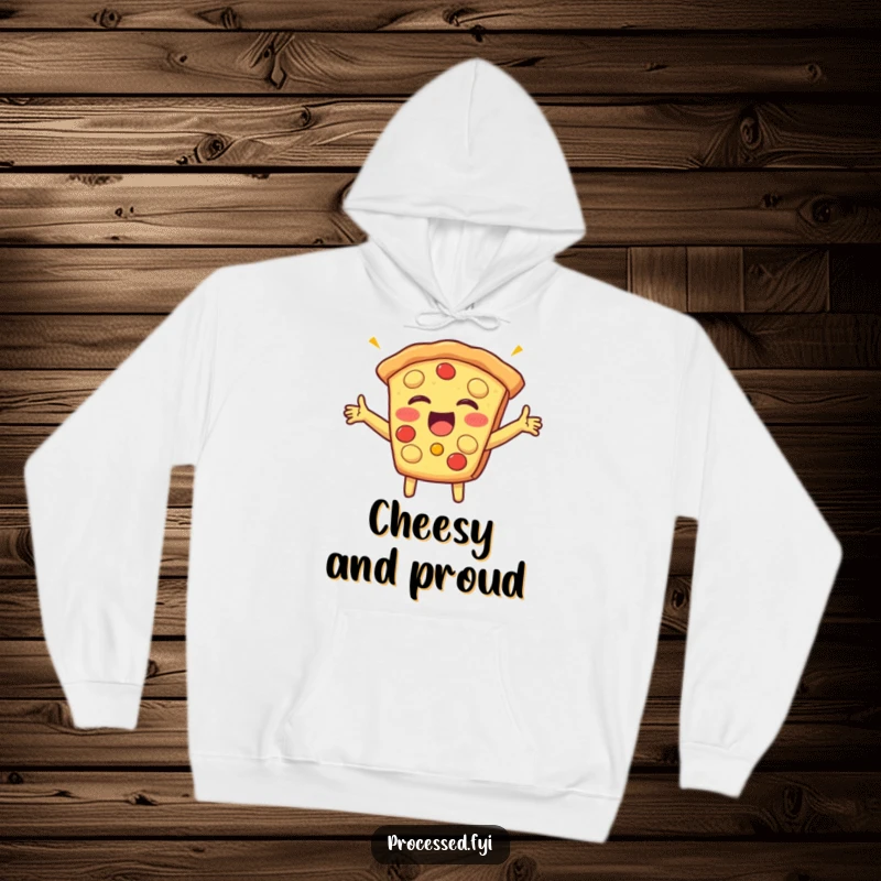 Funny hoodie featuring a beaming slice of pizza with arms outstretched, giggling happily, offering cozy warmth and a dose of pizza humor.