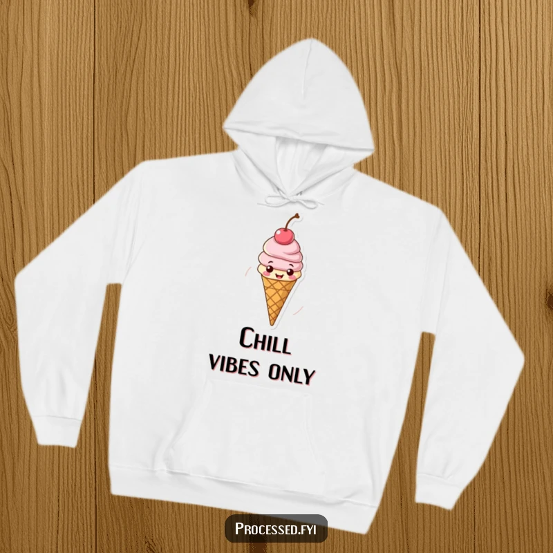 Funny hoodie featuring a cheerful ice cream cone with a cherry spinning around, radiating cool comfort and summery joy.