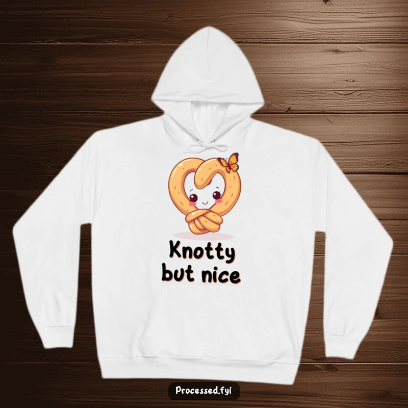 Funny hoodie with a curious pretzel and a happy knot, looking at a tiny butterfly, perfect for cozy comfort and whimsical amusement.