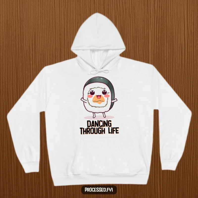 Funny cheerful sushi roll with wide eyes dancing happily, a humorous and cozy hoodie.