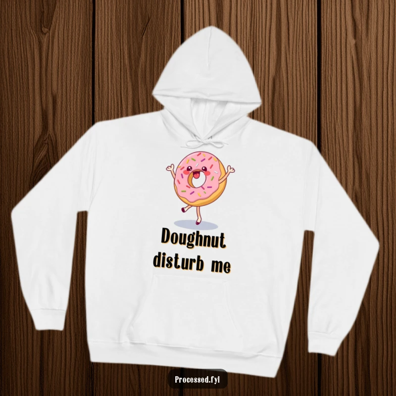 Funny hoodie featuring a happy donut with sprinkles doing a pirouette, soft and warm apparel