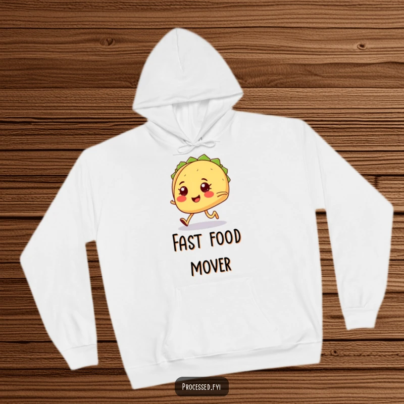Funny smiling taco with tiny legs jogging determinedly, a humorous and cozy hoodie for active individuals.