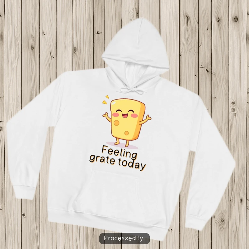 Funny hoodie featuring a happy anthropomorphic cheese wedge doing a silly dance, offering warmth and a side of giggles.