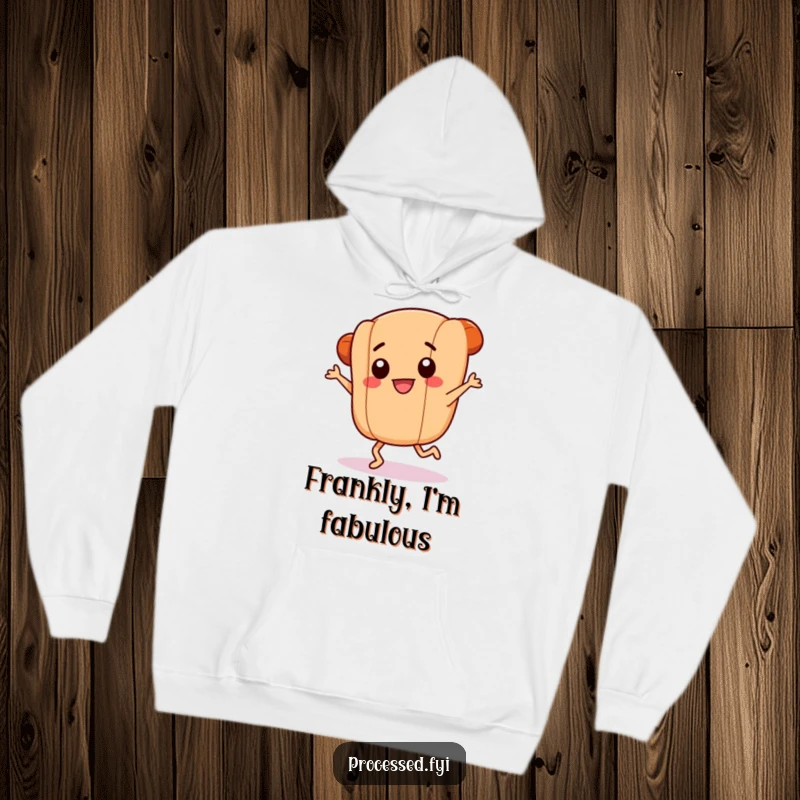 Funny hoodie depicting a smiling hotdog link with tiny legs in a frantic dance, perfect for staying warm and radiating playful foodie energy.
