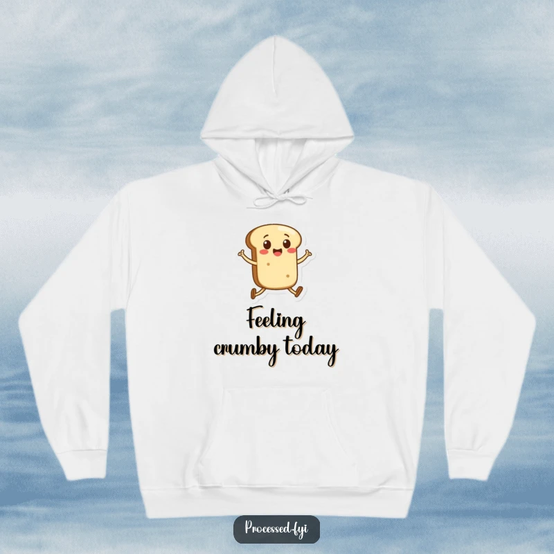 Funny hoodie depicting a delightful anthropomorphic bread roll with legs skipping with glee, offering warmth and humor.
