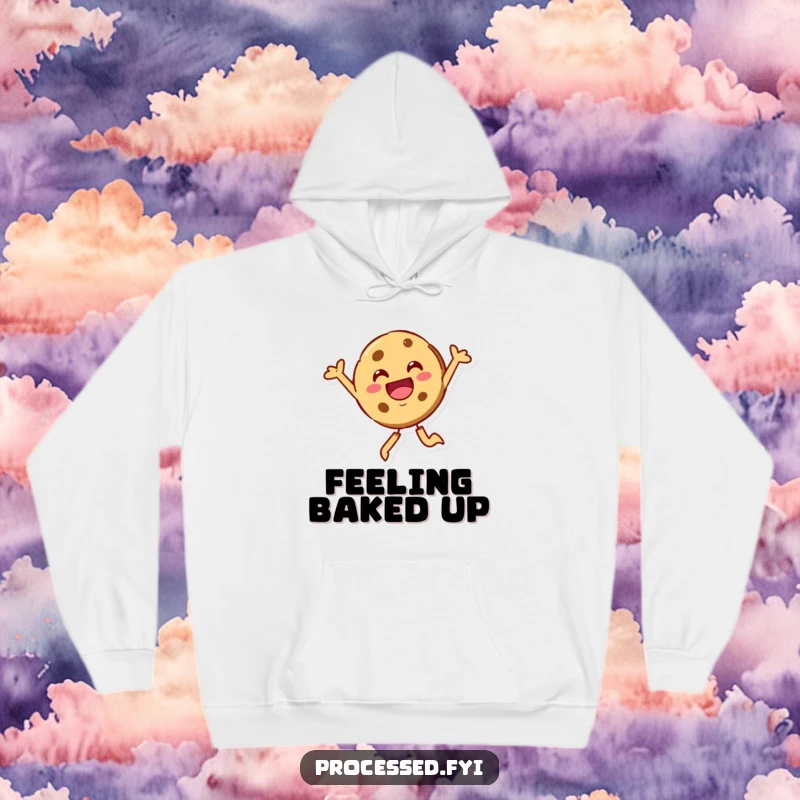 Funny beaming cookie character joyfully leaping, offering cozy warmth and a sprinkle of happiness. A comfy wear.