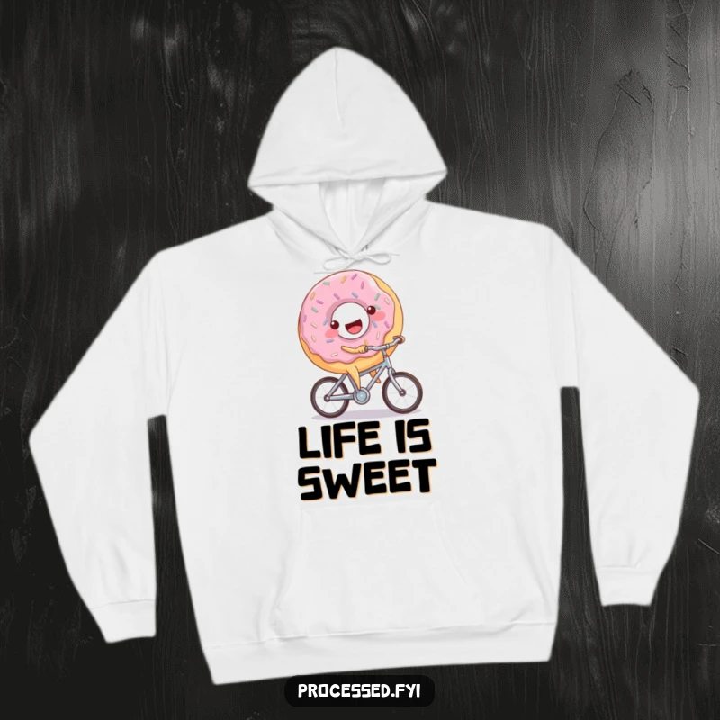 Funny donut bicycle hoodie featuring a joyful donut with sprinkles happily cycling on a miniature bike, perfect for cozy fun.