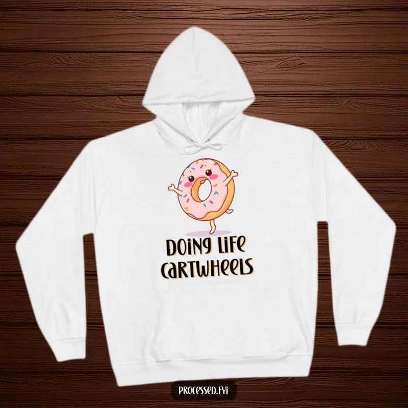 Funny donut hoodie depicting a cheerful, anthropomorphic donut with sprinkles mid-cartwheel, offering cozy comfort with a side of sugary fun.
