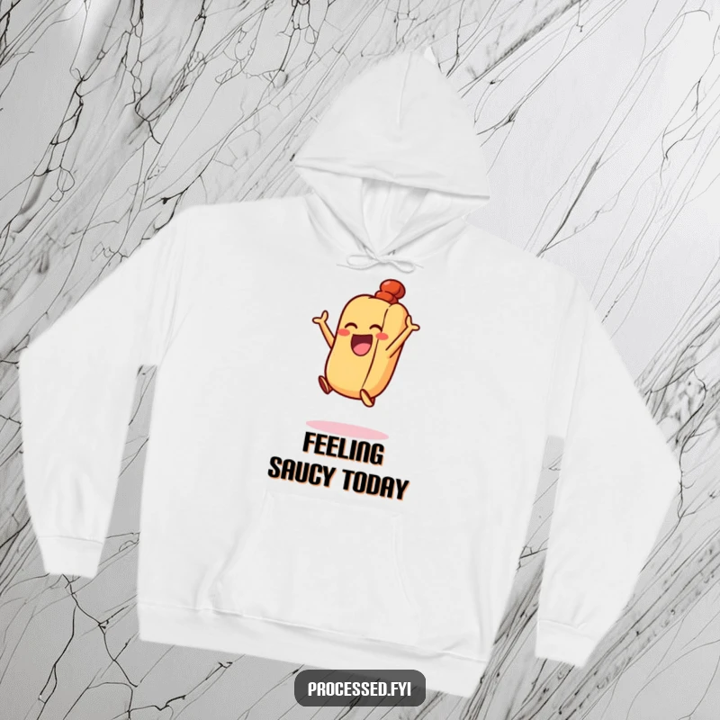 Funny Excited Hot Dog Hoodie: A grinning hot dog in a bun, leaping excitedly into the air with pure joy.