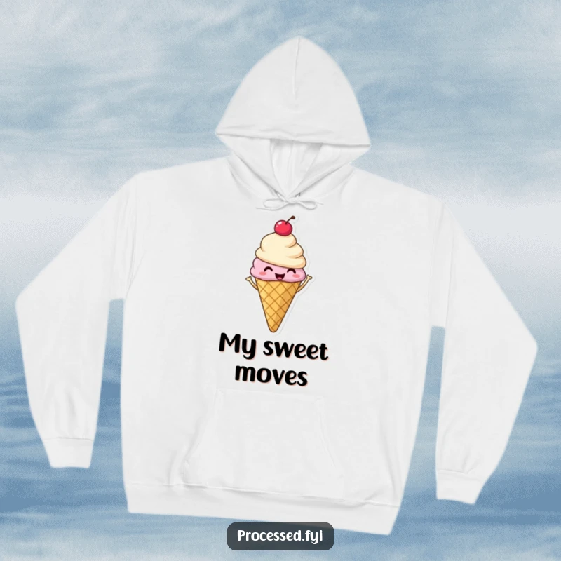 Funny hoodie depicting a smiling ice cream cone with a cherry, captured mid-shimmy with pure, delightful energy.