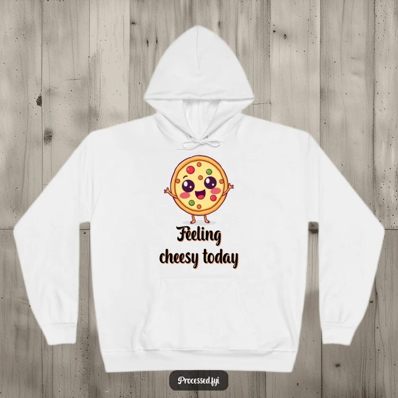 Funny Hoodie showcasing a happy pizza slice with topping eyes dancing joyfully, offering cozy comfort and food-themed fun.