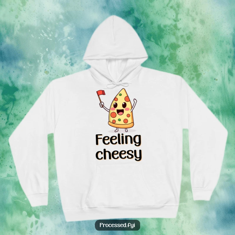 Funny hoodie featuring a delighted anthropomorphic pizza slice joyfully waving a tiny flag, offering warmth and a slice of fun.