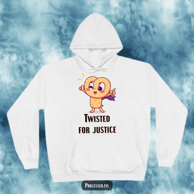 Funny pretzel superhero hoodie with a winking pretzel character striking a powerful superhero pose, ideal for cozy crime-fighters.