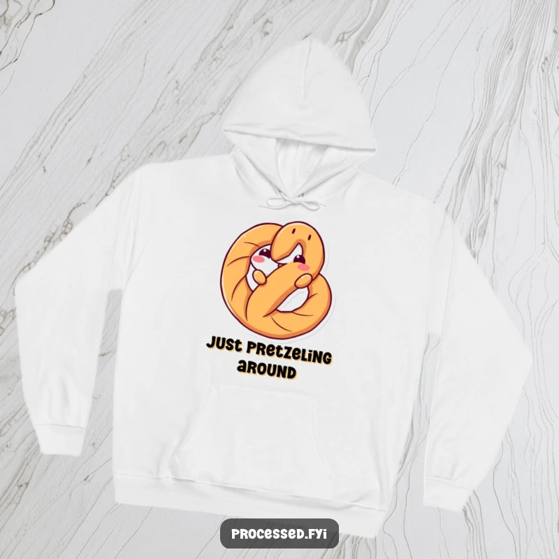 Funny hoodie featuring an anthropomorphic pretzel twisting playfully, offering warmth and a humorous snack-themed design, a great gift idea.