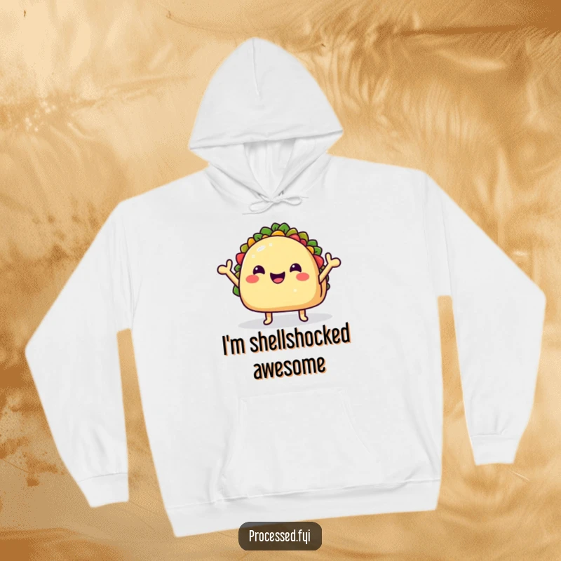 Funny Hoodie showcasing an ecstatic taco shell with little arms waving, radiating warmth and a fun-loving food spirit.
