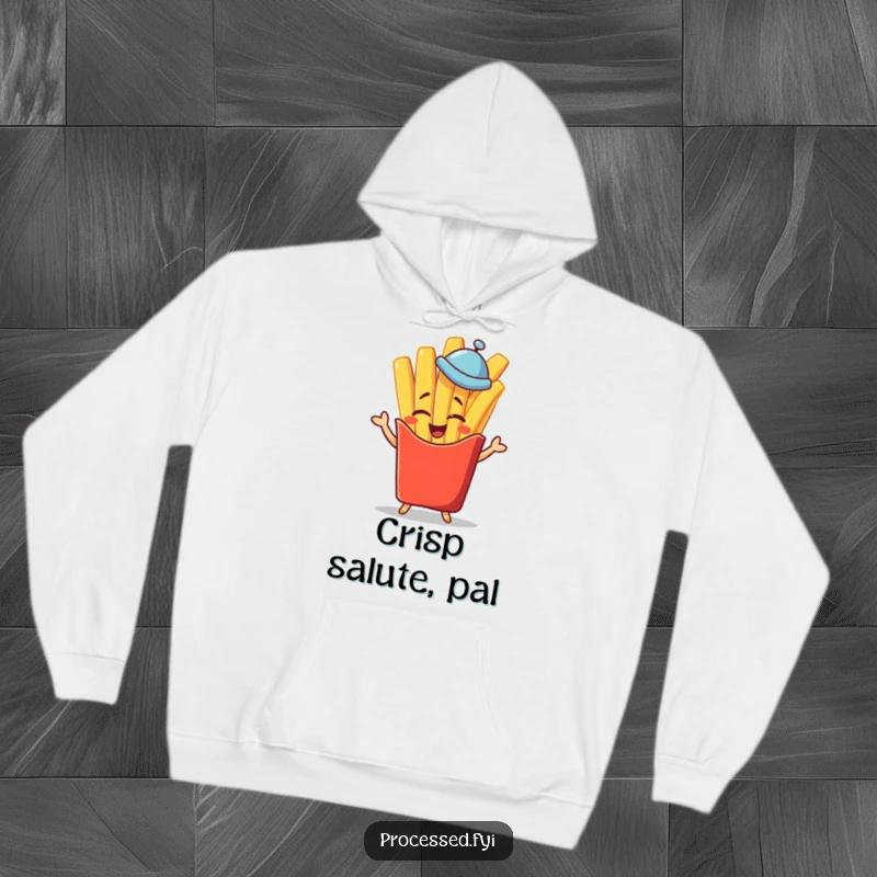 Funny winking french fry character in a tiny hat giving a jaunty salute, a comfortable and funny hoodie for casual wear.