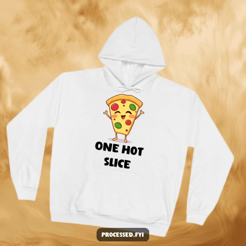 Funny winking pizza slice hoodie featuring a happy, anthropomorphic pizza slice on tiny feet, offering warm cartoon comfort with a cheesy grin.