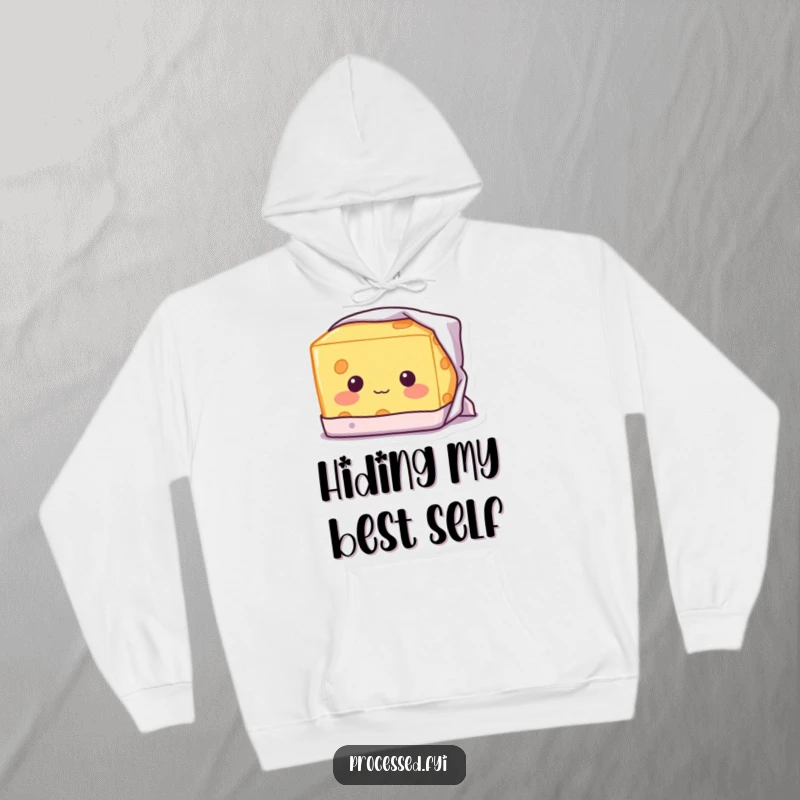 Funny Shy Cheese Hoodie: A shyly smiling, blushing block of cheese, peeking out from its wrapper with endearing modesty.