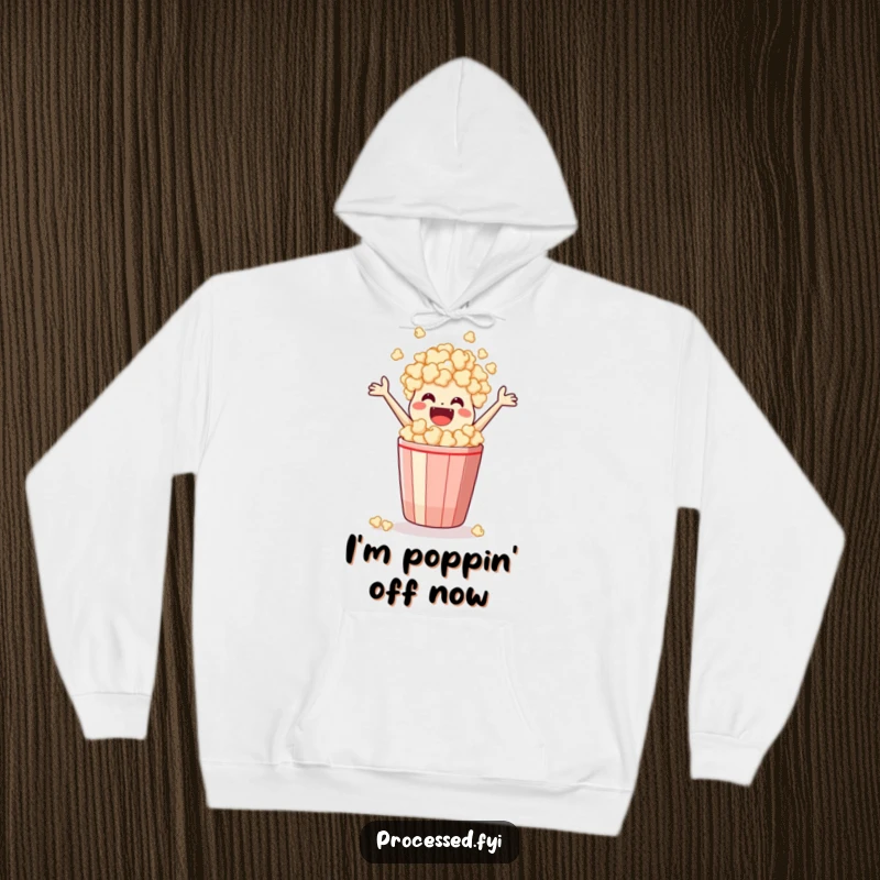Funny Hoodie showcasing an ecstatic bag of popcorn leaping joyfully from its container, perfect for cozy movie watching.