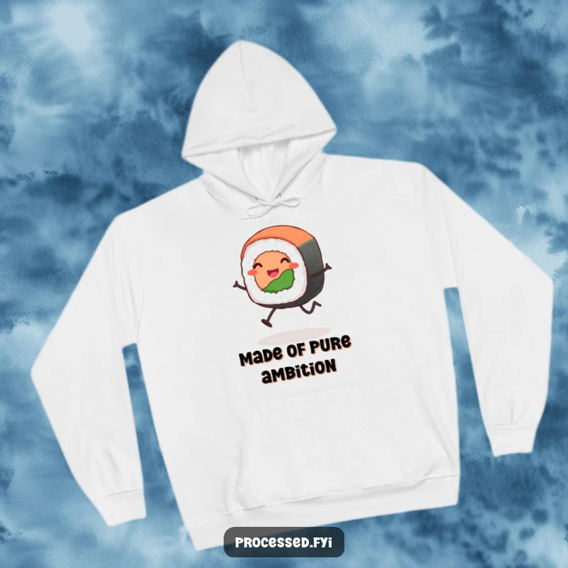 Funny leaping sushi roll hoodie depicting a cheerful, anthropomorphic sushi roll with stick legs captured in a lively, energetic jump.