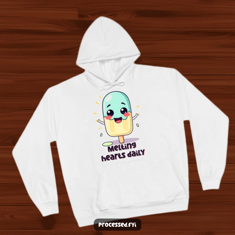 Funny hoodie with a cartoon popsicle character proudly beaming while melting slightly in the sun.