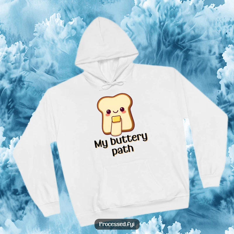 Funny hoodie depicting a cheerful bread slice with butter, smoothly sliding down a tiny butter slide.