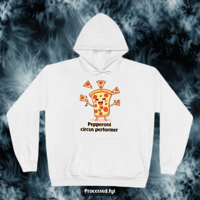 Funny Pizza Juggling Hoodie, featuring a cheerful slice tossing pepperoni, perfect for cozy laughs and witty casual wear.