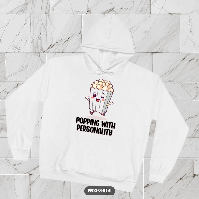 Funny hoodie featuring a happy anthropomorphic bag of popcorn doing a little hop. Soft, warm, and full of cheer.
