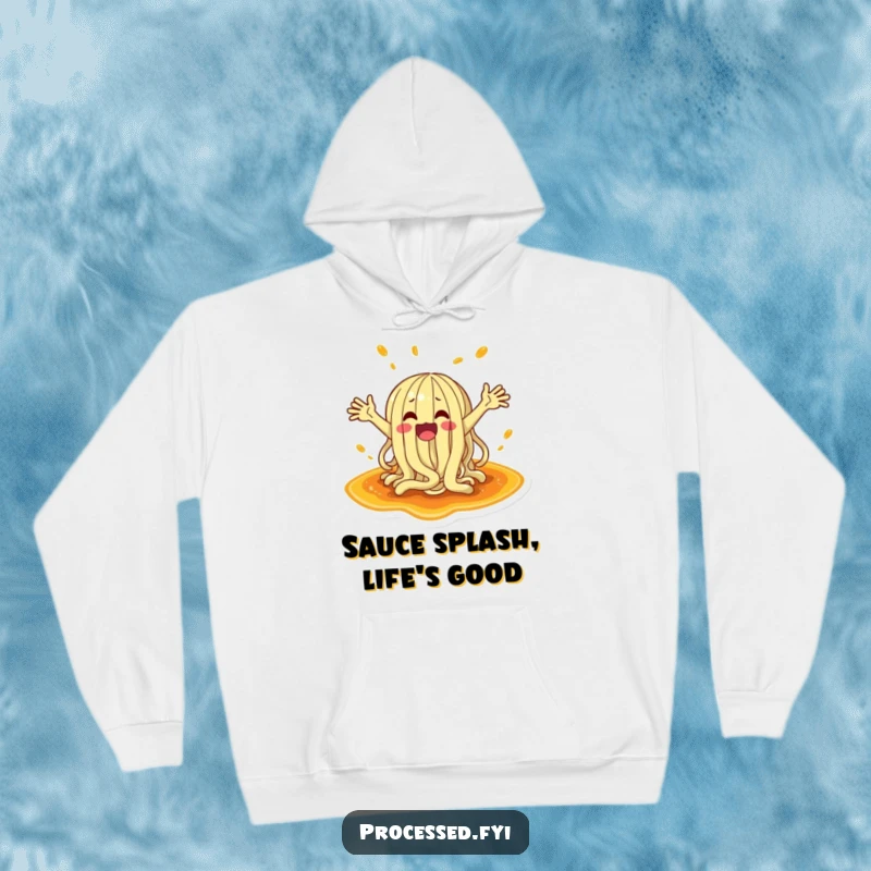 Funny hoodie depicting a cartoon noodle with arms flailing, creating a big splash in a sauce puddle, very comfy.