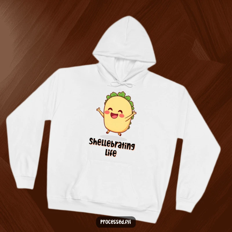Funny anthropomorphic Taco Hoodie grinning and dancing with tiny legs, offering cozy comfort and joyful humor for taco enthusiasts and food lovers.