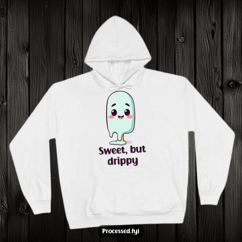 Funny hoodie depicting a happy, surprised melting popsicle character, perfect for cozying up with a touch of sweet humor.