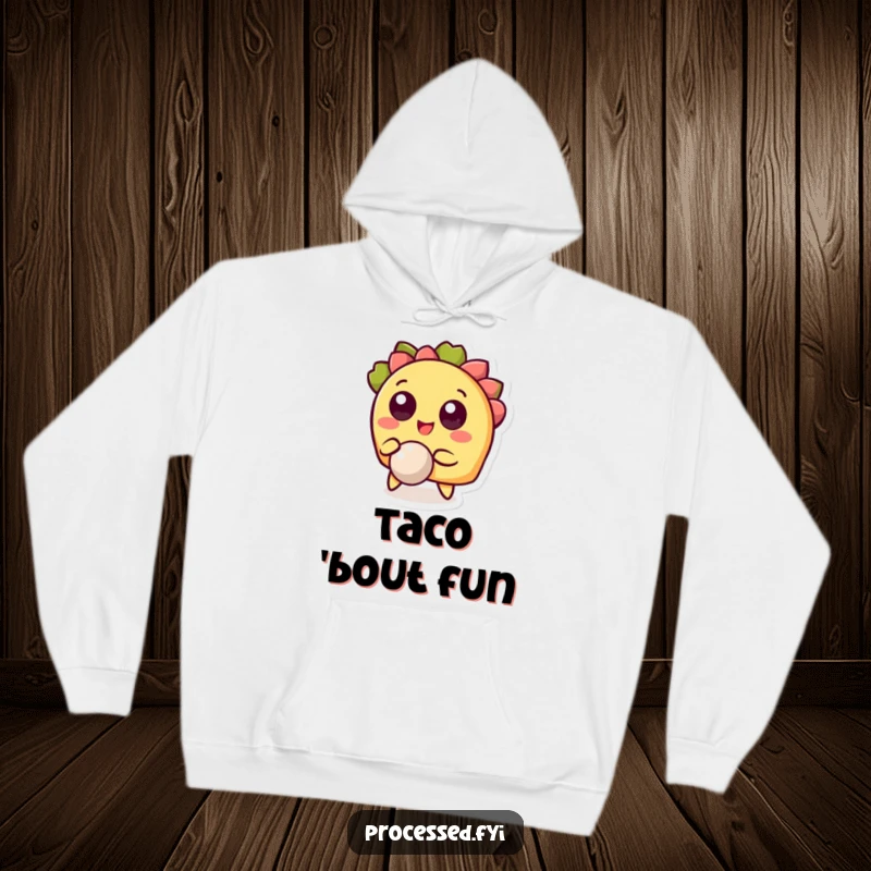 Funny hoodie depicting a happy taco character with wide eyes, bouncing a small ball, offering comfort and humor.