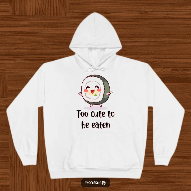 Funny hoodie featuring a cheerful sushi roll with tiny feet, bouncing happily, offering cozy warmth and a dose of humor, great gift idea.