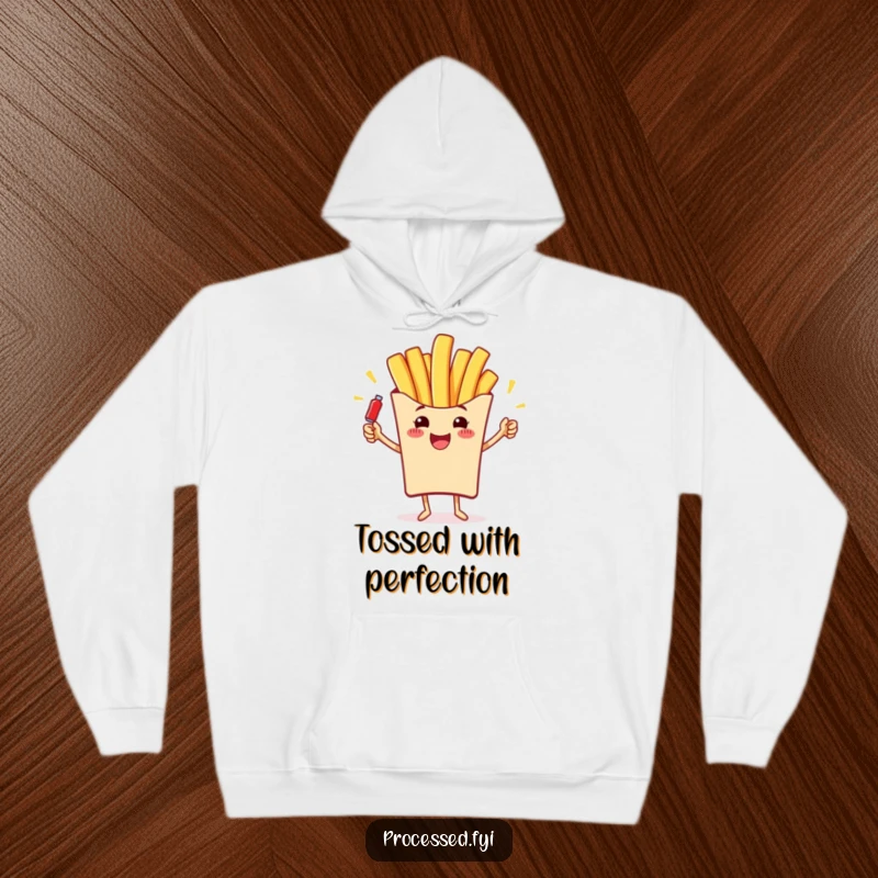 Funny hoodie with a cheerful french fry juggling ketchup bottles, offering cozy warmth and a touch of food humor.