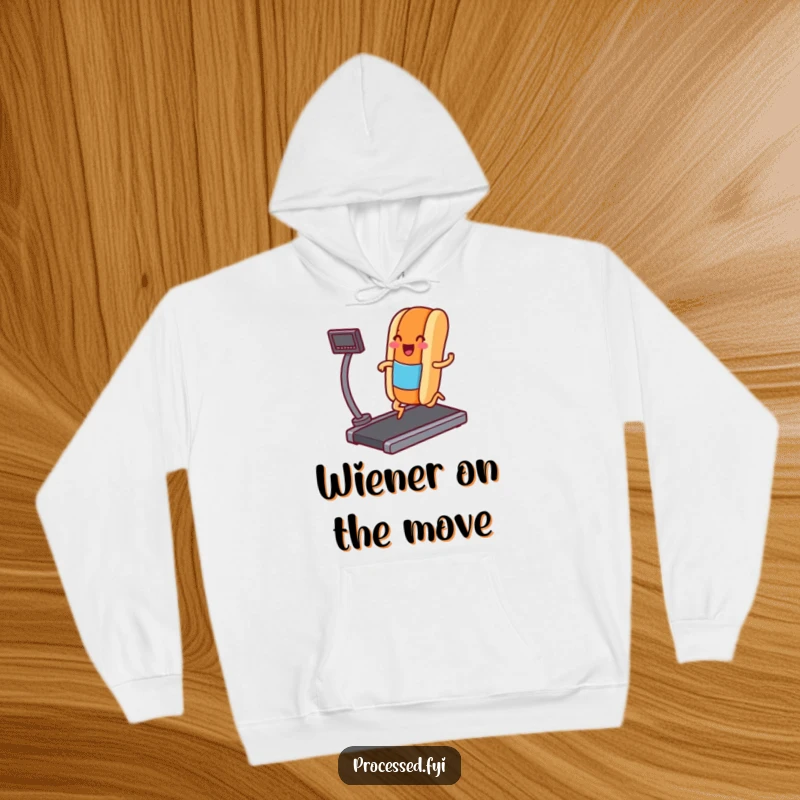 Funny hoodie featuring a smiling hot dog character on a treadmill, jogging with legs, perfect for a cozy and humorous look.
