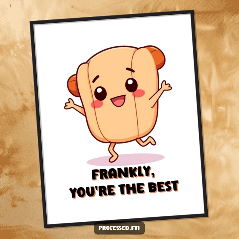 Funny Free Printable Wall Art: a smiling hotdog link with stubby legs executing a frantic, joyful dance move with pure delight.