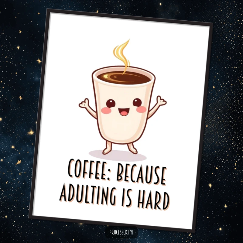 Funny Free Printable Wall Art: A cheerful coffee cup performs an energetic jig, bringing a lively and fun vibe.