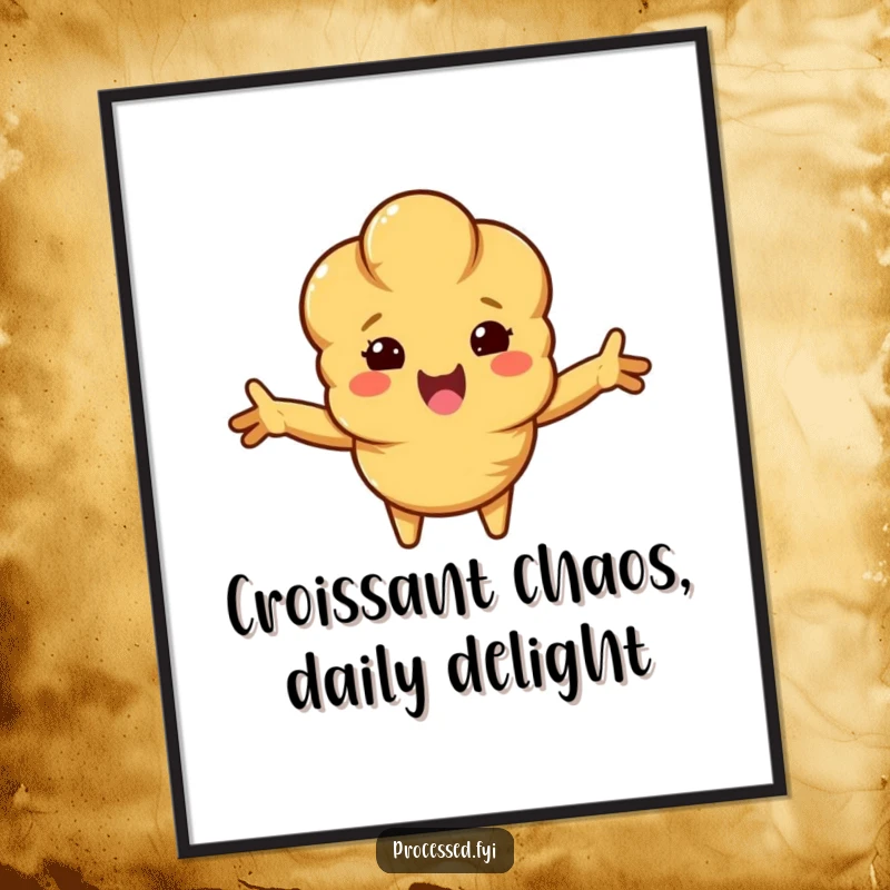Funny Free Printable Croissant Wall Art: A beaming anthropomorphic croissant with arms outstretched, exuding warmth and charm.