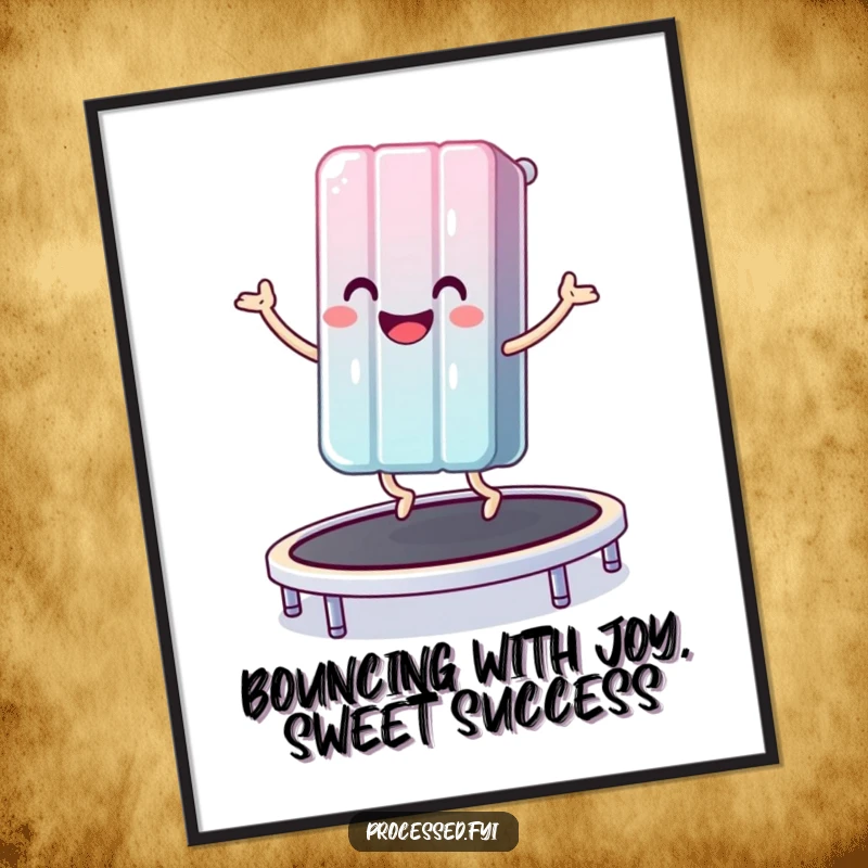 Funny Free Printable Wall Art: A smiling candy bar enthusiastically bouncing high on a trampoline. Whimsical downloadable art.