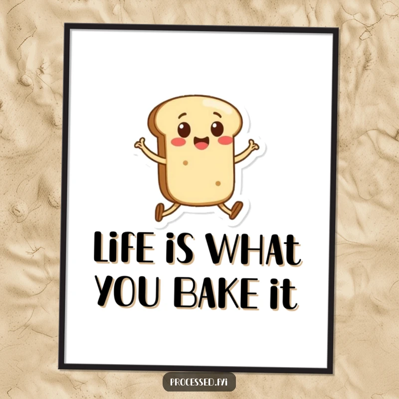 Funny Free Printable Wall Art: A happy anthropomorphic bread roll with legs skipping energetically, bringing cheer. Unique downloadable art.