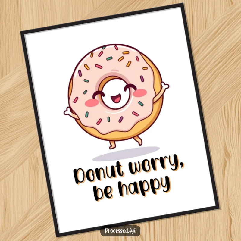 Funny Free Printable Wall Art: A grinning donut character with vibrant sprinkles joyfully performing a fun little dance.