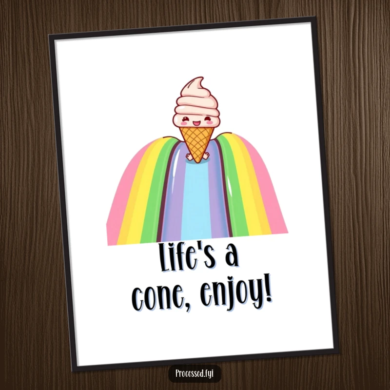 Funny Free Printable Wall Art: A happy ice cream cone in mid-slide down a bright, colorful rainbow.