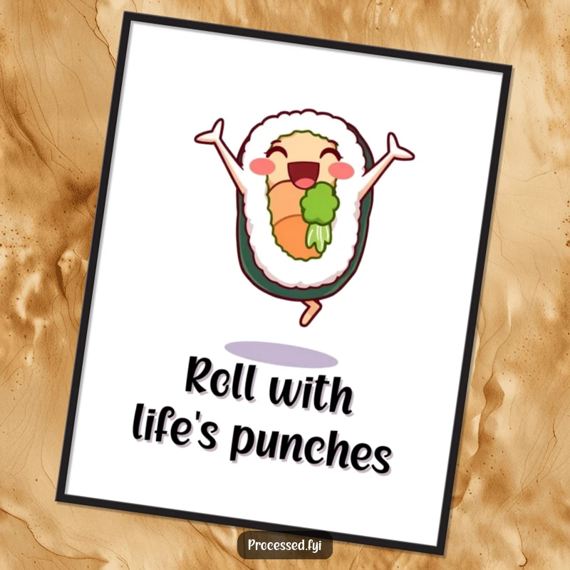 Funny Free Printable Wall Art: A delighted sushi roll character executing cartwheels with pure glee and excitement.