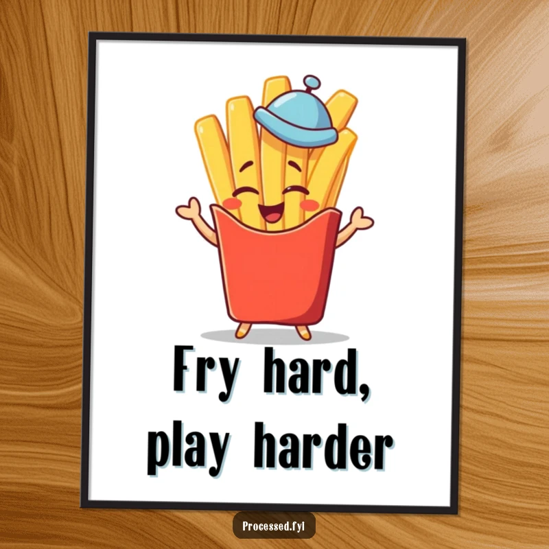 Funny free printable wall art: a charming french fry character winks with a jaunty salute and a tiny hat.