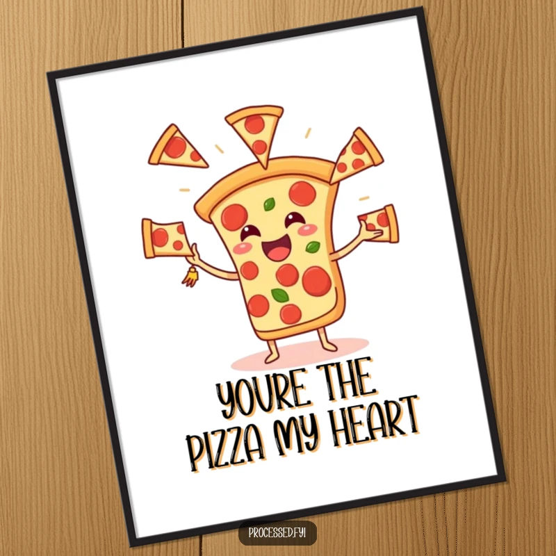 Funny Free Printable pizza slice joyfully juggling pepperoni slices, a vibrant wall art.
